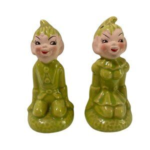 Vintage Pixie Elf Gilner pottery Boy Girl Salt & Pepper Green